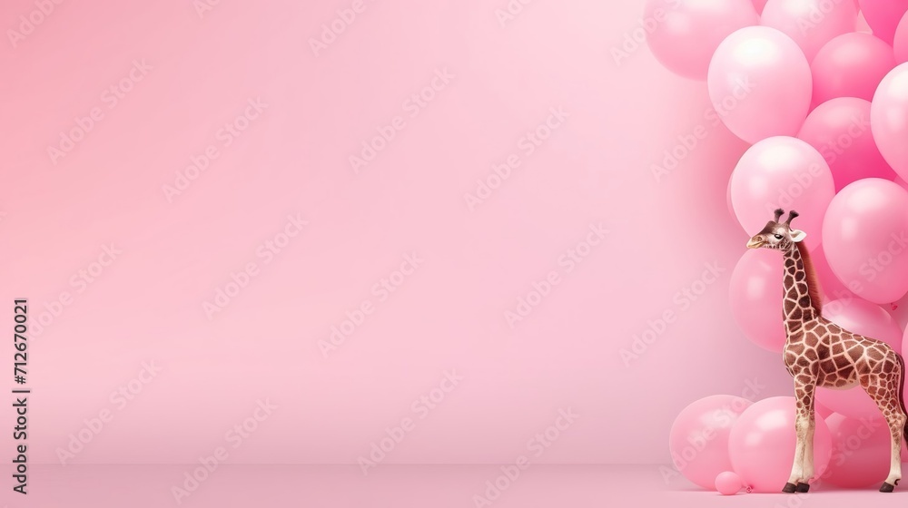 giraffe and balloons on a pink background, birthday card concept, giraffe portrait on a pink background, space for text