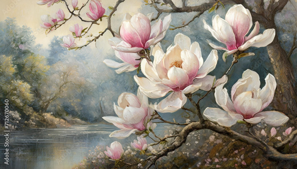 Piękne, malowane kwiaty Magnolii, obraz, tapeta, dekoracja. Generative AI - obrazy, fototapety, plakaty 