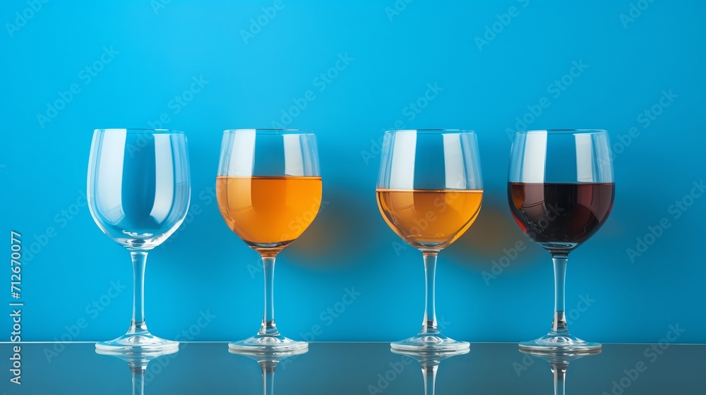 A blue and orange wall has three wineglasses with water on top of it.