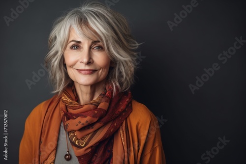 Portrait of a beautiful senior woman in orange scarf on black background