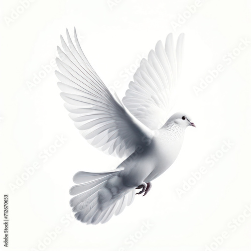 white pigeon in flight, isolated on white background.