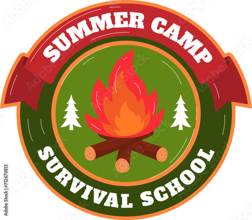 Summer camp badge with fire and trees on green. Outdoor adventure and nature activity patch. Campfire logo for scout expeditions vector illustration.
