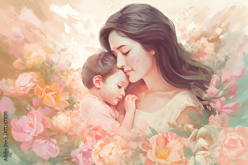 AI art, timeless bond of mother & child, flowers, pastels. Radiates love & appreciation, warm and elegant masterpiece.