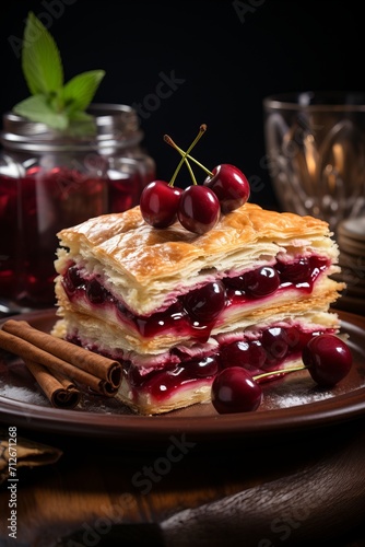Delicious cherry puff pastry pie with golden crunchy dough
