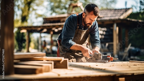 A young man is constructing a house with the help of a craftsman photo