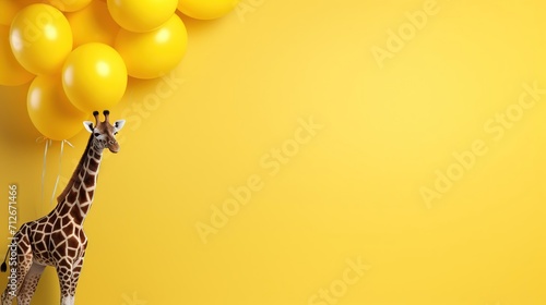 giraffe and balloons on a yellow background, birthday card concept, giraffe portrait on a yellow background, space for text