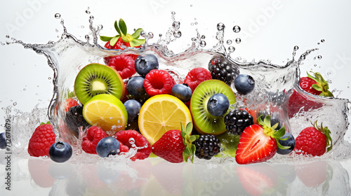 multivitamin water wave splash with various fruit peppermint leaves and ice cubes isolated on white background , generate AI photo