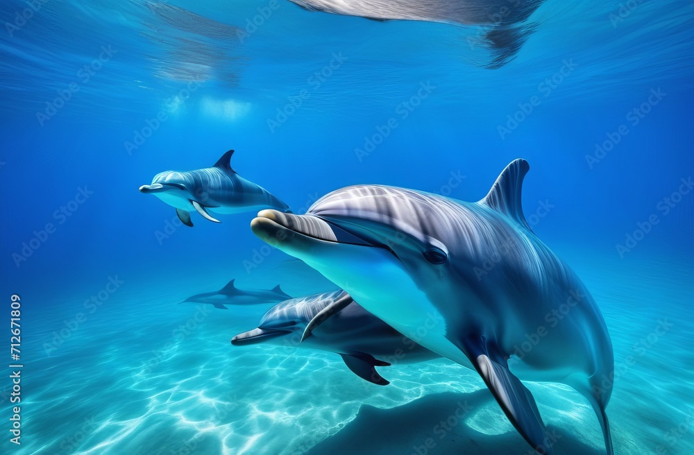 Naklejka premium Dolphins swimming under the blue sea