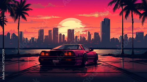 copy space, vector illustration, 90's style, pixel style, powerful sportcar in city, sunset. Nostalic 90’s poster. 90’s background for poster. Nostalic adventure mockup. Print for T-shirt.