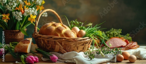 Artistic edit of Catholic Eastern European custom  Blessing church Easter basket with eggs  ham  bread  and spring onion.