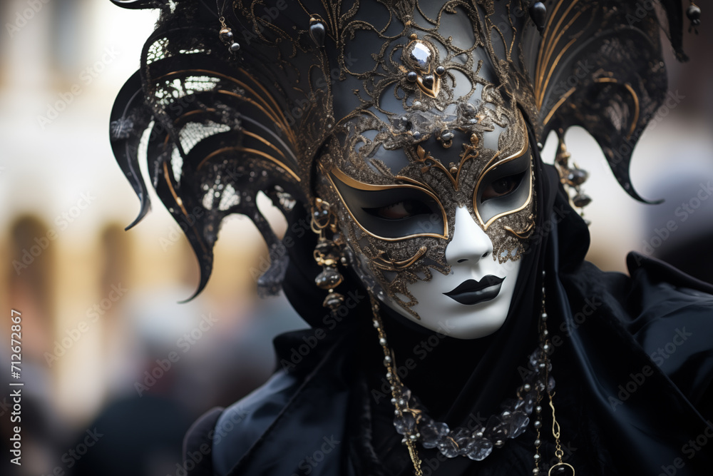 Elegant Person in Ornate Mask and Costume at Venice Carnival