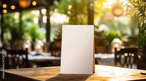 Mock up Label the blank menu frame in restaurant. Tent menu for booklet with white sheet paper acrylic tent card on table with blurred background , Generate AI photo