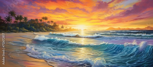 Vibrant tropical sunset with colorful sky, rolling waves, and shiny sand.