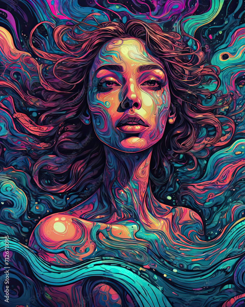 Psychedelic Fantasy - Close-up of a nude woman immersed in swirling