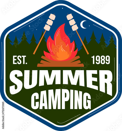 Vintage summer camping badge with campfire and marshmallows. Night camping emblem with trees and moon. Outdoor adventure logo design, badge style vector illustration.