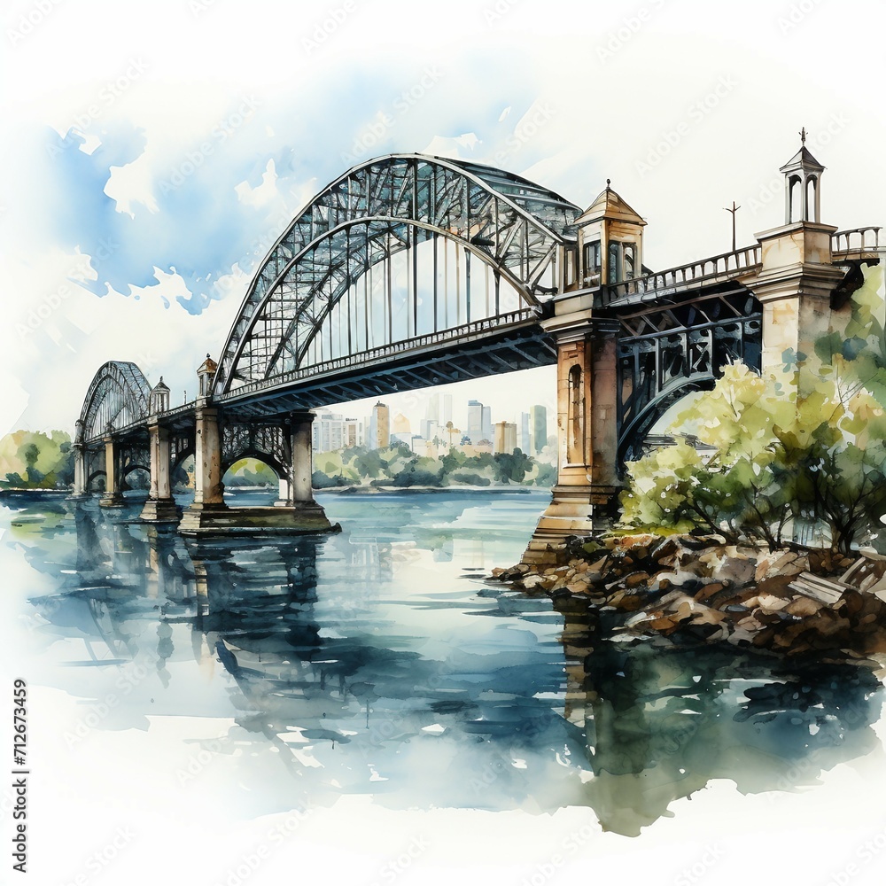 City bridge in watercolor style. AI generate illustration