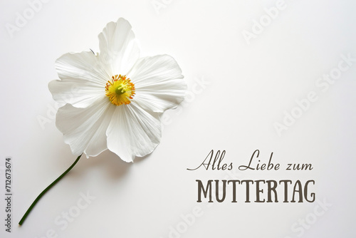 A white flower on a white surface with the words alle liebe zum muttertag that means happy Mother's day photo