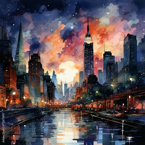 Cityscapes at night in watercolor style. AI generate illustration