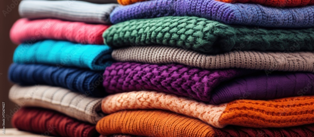 Stack of colorful knitted sweaters with varied patterns, visible texture. Trendy autumn-winter knitwear. Close-up, space for text. Stack of colorful knitted sweaters with varied patterns, visible texture. Trendy autumn-winter knitwear. Close-up, space for text.