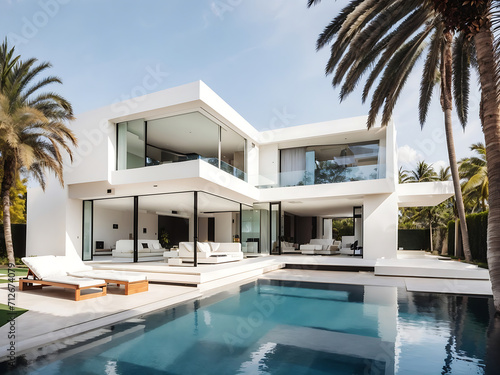 The exterior of the amazing modern minimalist cubic villa with a large swimming pool among palm trees is designed.