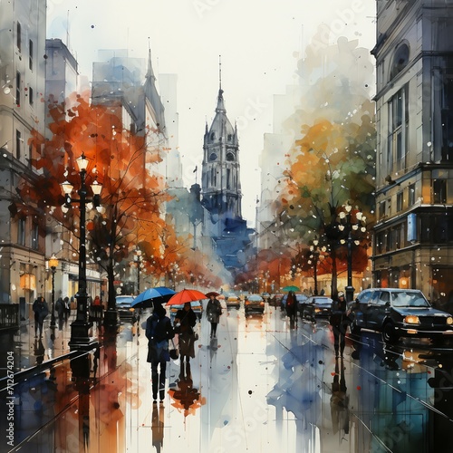 Rainy day on city streets with people in watercolor style. AI generate illustration