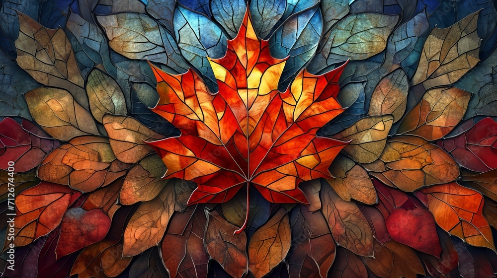 Stained glass window background with colorful Maple Leaf abstract Stained glass window background with colorful Maple Leaf abstract