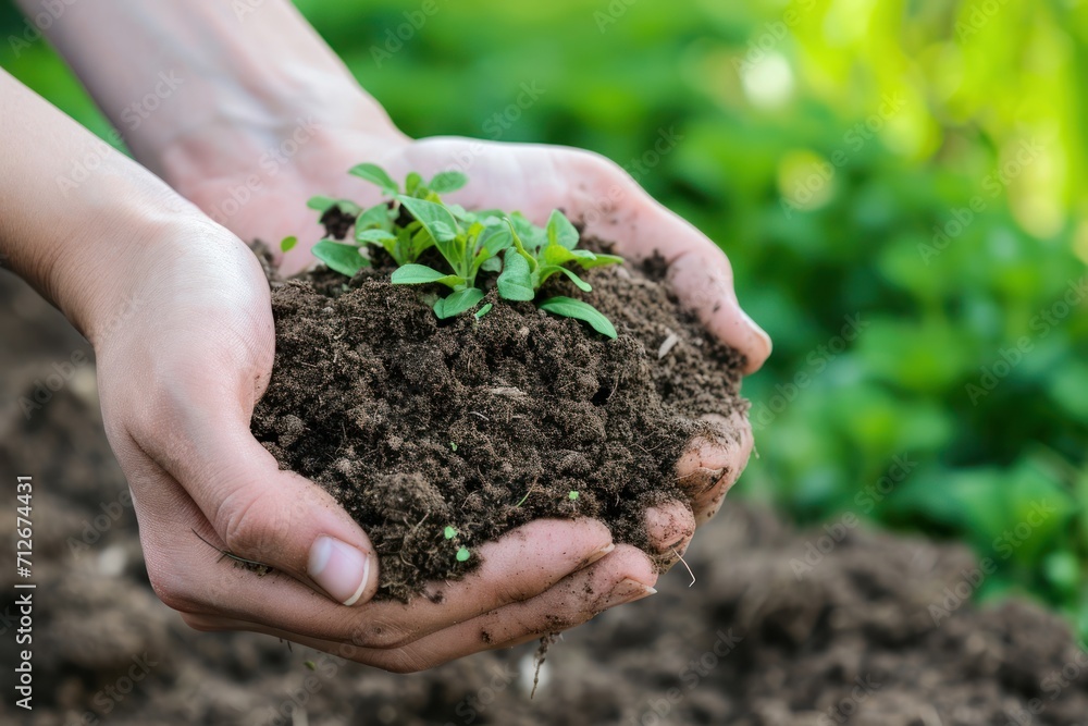 A man holds in his palms a handful of fertile soil with a young green shoot of a plant in it. Agriculture, farming. Generative AI A man holds in his palms a handful of fertile soil with a young green shoot of a plant in it. Agriculture, farming. Generative AI