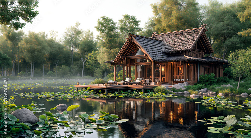 Obraz premium A modern home made of natural materials in the woods.