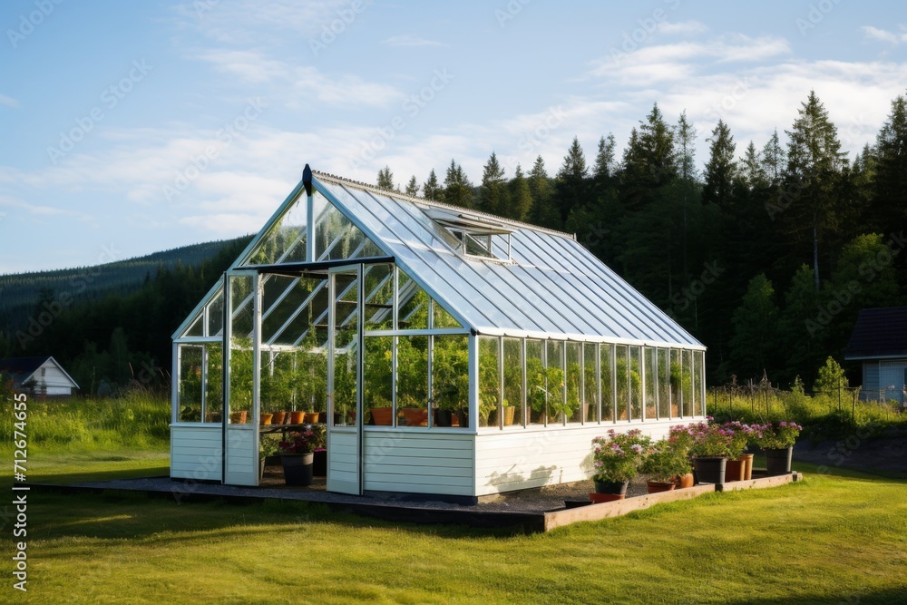 Exterior View of an Ornamental Plant Greenhouse in a Rural Setting.