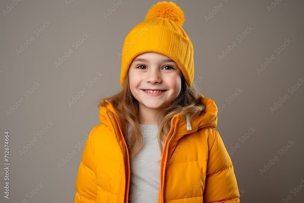 Portrait of a cute little girl in a yellow jacket and hat Portrait of a cute little girl in a yellow jacket and hat