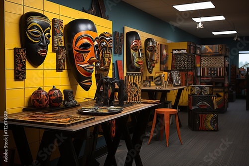 Colorful tribal masks against a bright yellow wall in a cozy ethnic art shop