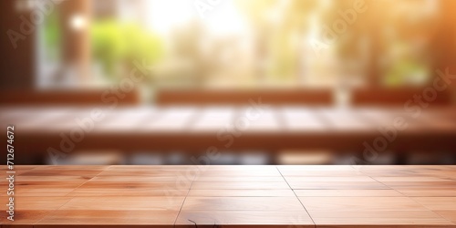 Product template on wooden table with blurred background, ideal for business presentation.
