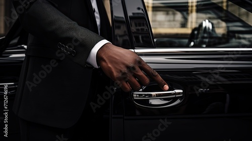 greetings, the hand of a male person on a vehicle handle in a professional transport service, business class or pick-up transport with a composition or scene in a minimalist modern style.