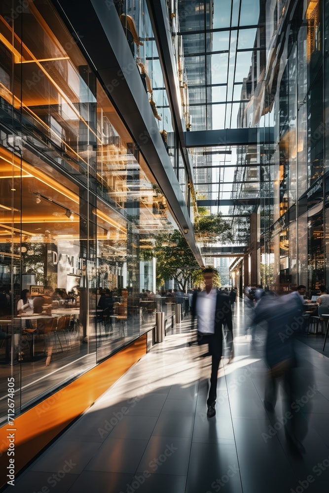 Business people walking in a modern glass and steel building - obrazy, fototapety, plakaty 