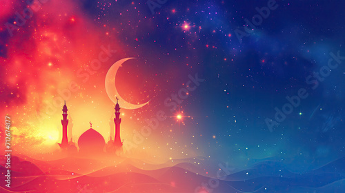 Arabic fairy tales 1001 night. Мosque, islamic holiday banner, for Ramadan,  crescent moon on background

