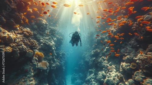 Diver with diving suit  diving in a coral reef with many jellyfish and fish