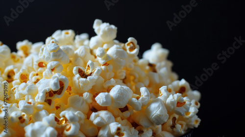 Close-up of fluffy popcorn on a dark backdrop.