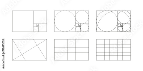 Golden ratio template. Method golden section. Harmony proportions frames. Fibonacci array, numbers. Golden proportion grid. Outline vector illustration. Eps.