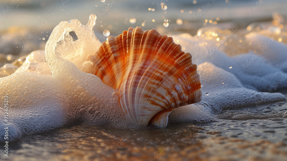 Seashell with intricate patterns in the ocean's foam. Seashell with intricate patterns in the ocean's foam.