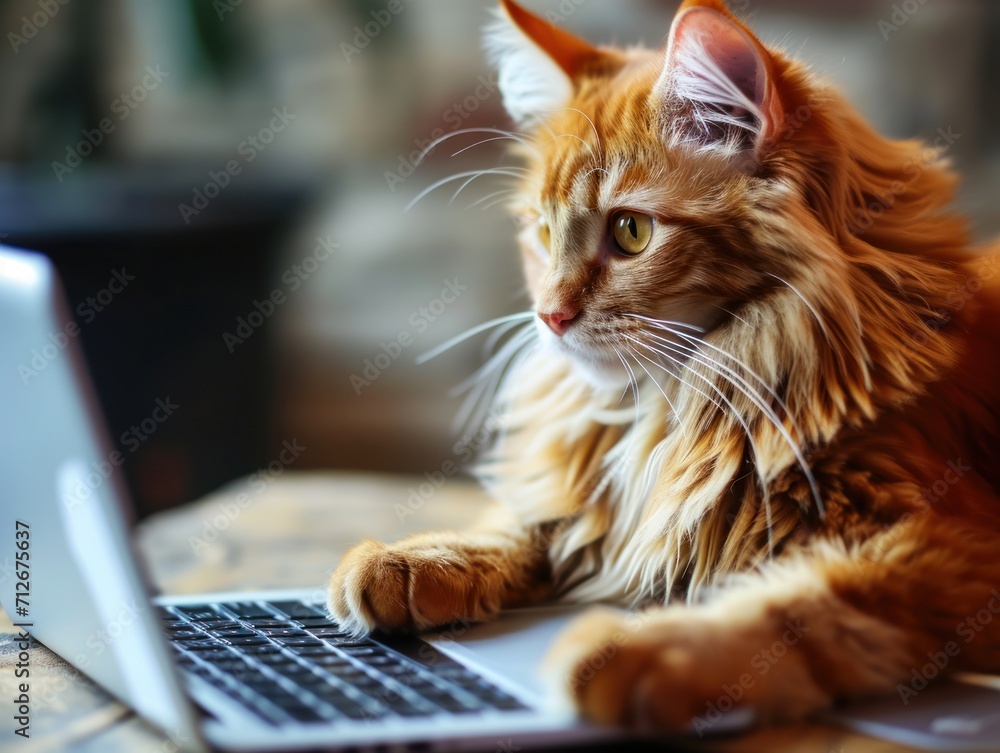 A red fluffy cat laying on a table with its paws on a laptop keyboard. A red fluffy cat laying on a table with its paws on a laptop keyboard.