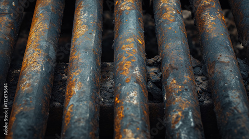 Rusty pipes against a corroded metal backdrop.