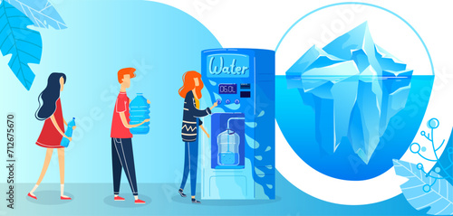 Young woman filling water bottle at cooler, man waiting, ice glacier and purity concept. Eco-friendly hydration and plastic reduction theme vector illustration.