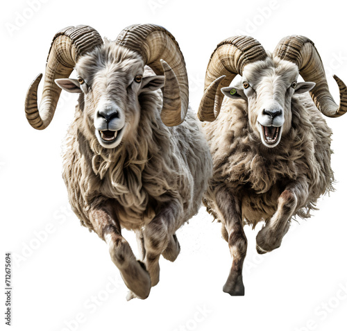 Running sheep, rams isolated on the transparent background PNG. photo