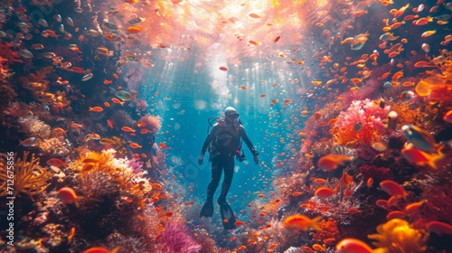 Diver with diving suit, diving in a coral reef with many jellyfish and fish