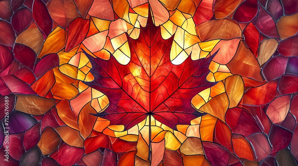 Stained glass window background with colorful Maple Leaf abstract	