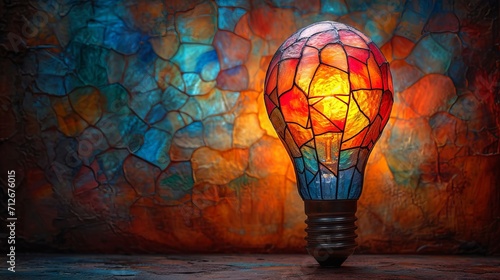 Stained glass window background with colorful Light bulb abstract. 