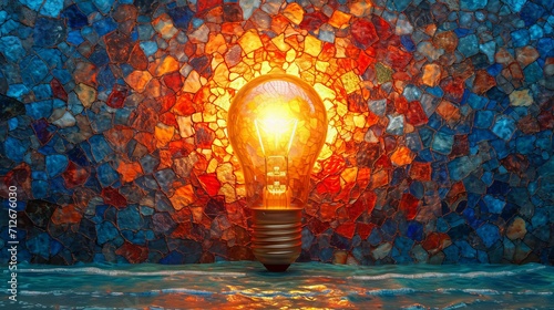 Stained glass window background with colorful Light bulb abstract. 