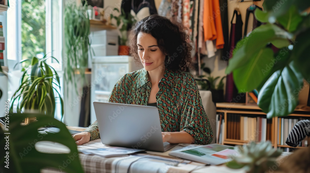 A fashion designer uses a laptop in her office A fashion designer uses a laptop in her office