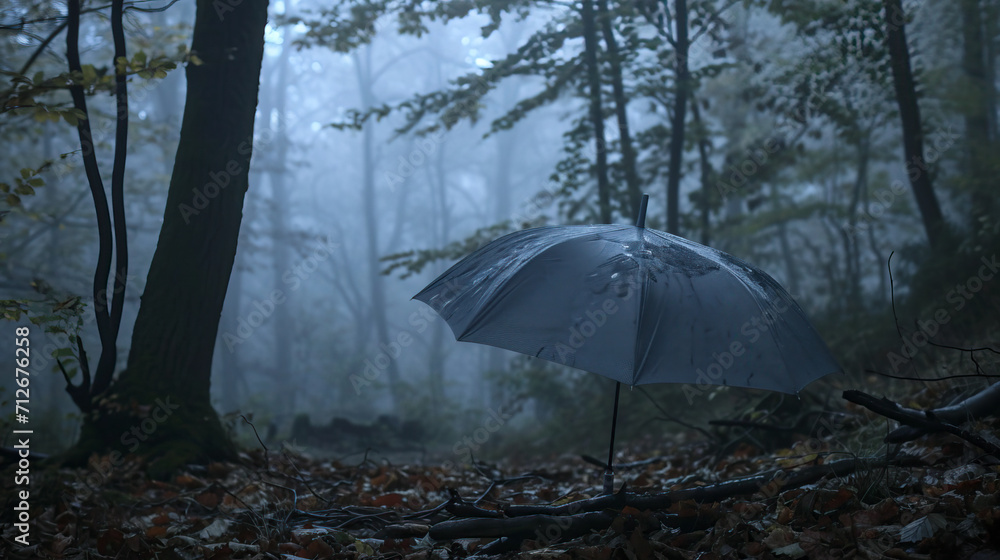 a light umbrella in a foggy forest