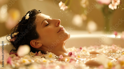 A woman takes a flower bath in a health spa